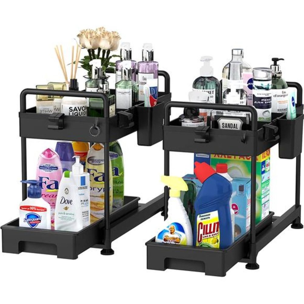 2-Tier Under Sink Organizer, Sliding Under Bathroom Cabinet Storage, 2 Pack